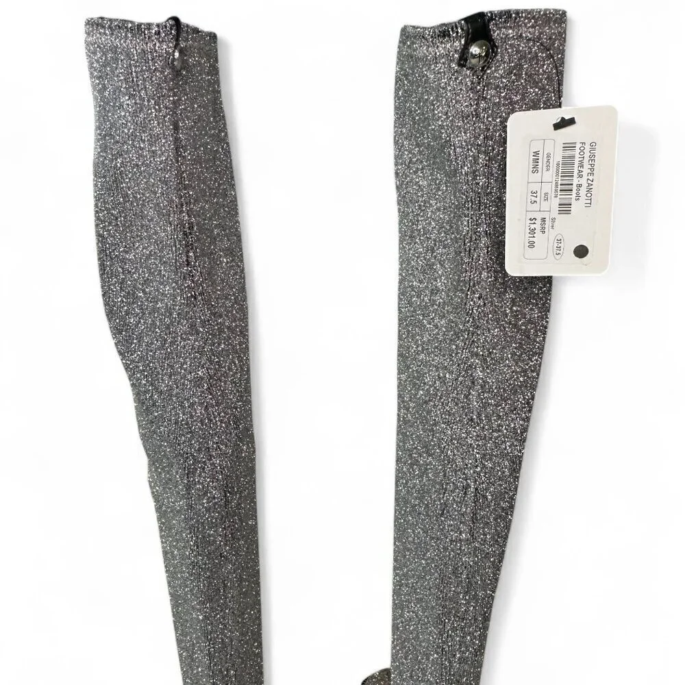 Giuseppe Zanotti Women's Silver Glitter Over-the-Knee Flat Boots Sz 37.5 NWOT